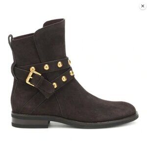 SEE BY CHLOE Janis Harness Moto Boots Flat Gold Stud Wrap Strap Suede Taupe Gray